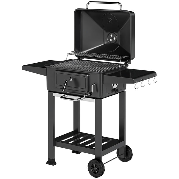 Barbecue Charbon de Bois XXL 112cm avec Couvercle - Chariot Grill de Jardin avec Bac à Charbon et Évents Réglables - Fumoir à 600°C avec Thermomètre et Porte de Ravitaillement, Noir