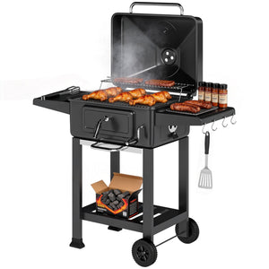 Barbecue Charbon de Bois XXL 112cm avec Couvercle - Chariot Grill de Jardin avec Bac à Charbon et Évents Réglables - Fumoir à 600°C avec Thermomètre et Porte de Ravitaillement, Noir