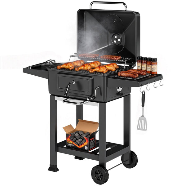 Barbecue Charbon de Bois XXL 112cm avec Couvercle - Chariot Grill de Jardin avec Bac à Charbon et Évents Réglables - Fumoir à 600°C avec Thermomètre et Porte de Ravitaillement, Noir