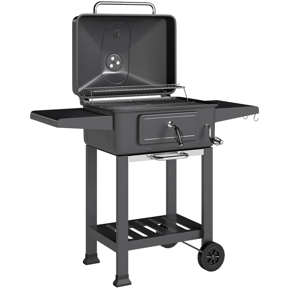 Barbecue Charbon de Bois XXL 112cm avec Couvercle - Chariot Grill de Jardin avec Bac à Charbon et Évents Réglables - Fumoir à 600°C avec Thermomètre et Porte de Ravitaillement, Noir