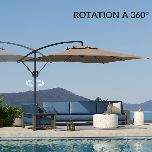 Parasol déporté carré 3 x 3 m, parasol de jardin extérieur avec manivelle, base croisée, parasol inclinable et rotation à 360°, toile polyester 180 g/m², protection UV UPF50+, kaki