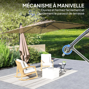 Parasol déporté carré 3 x 3 m, parasol de jardin extérieur avec manivelle, base croisée, parasol inclinable et rotation à 360°, toile polyester 180 g/m², protection UV UPF50+, kaki
