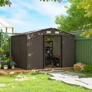 Abri de jardin en acier galvanisé XXL 5,4 m² avec kit de fondation 277 x 195 x 192 cm, cabane de jardin cabanon rangement outils avec portes coulissantes verrouillables et 4 aérations, marron