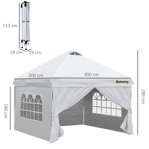 Tonnelle pop-up tente de jardin barnum 3x3 m hauteur réglable avec 4 parois latérales amovibles, fenêtres, sac de transport à roulettes - blanc