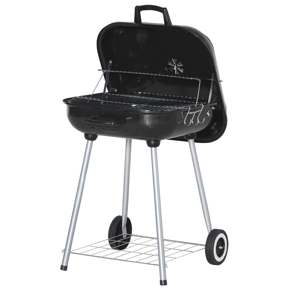 Barbecue à charbon BBQ avec 2 roues, ustensiles, couvercle et étagère dim. 56L x 62l x 82H cm - métal émaillé noir