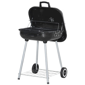 Barbecue à charbon BBQ avec 2 roues, ustensiles, couvercle et étagère dim. 56L x 62l x 82H cm - métal émaillé noir