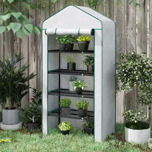 Serre de jardin avec étagères 5 niveaux, serre de balcon, bâche renforcée, châssis en acier, porte zippée enroulable, pour légumes plantes fleurs, 90x49x193cm, blanc