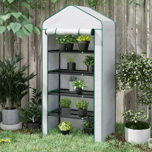 Serre de jardin avec étagères 5 niveaux, serre de balcon, bâche renforcée, châssis en acier, porte zippée enroulable, pour légumes plantes fleurs, 90x49x193cm, blanc
