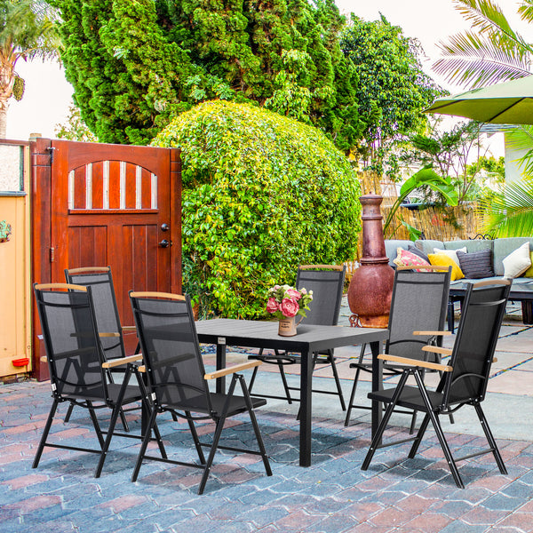 Salon de jardin extérieur 6 personnes, table de jardin extérieure avec 6 chaises, cadre en aluminium, table 140 CM, chaises pliables et inclinables, mobilier de terrasse, patio, noir