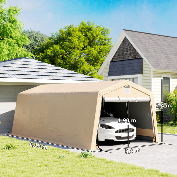 Tente garage carport dim. 6,2L x 3,3l x 2,4H m acier galvanisé robuste PE haute densité 150 g/m² imperméable anti-UV, 1 porte kaki et 2 aérations