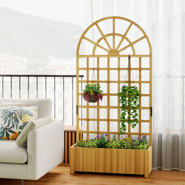 Jardinière avec treillis, bac à fleurs, lit surélevé avec trous de drainage, pour plantes grimpantes, légumes, bois massif, intérieur et extérieur, 90 x 30 x 180 cm, effet bois naturel