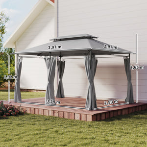 Gazebo de jardin 3x4 m avec rideaux amovibles, toit double et 12 trous de drainage, gazebo d'extérieur en métal et polyester, pour jardin, balcon, fêtes, camping, gris foncé