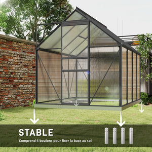 Serre de Jardin 4,8 m² en Aluminium Polycarbonate avec Fondation, 190 x 253 x 199 cm, Serre avec Fenêtre Réglable et Porte Coulissante, Abri Extérieur Résistant aux Intempéries, Gris Foncé