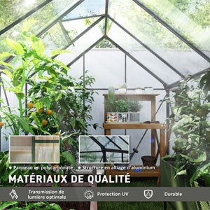Serre de Jardin 4,8 m² en Aluminium Polycarbonate avec Fondation, 190 x 253 x 199 cm, Serre avec Fenêtre Réglable et Porte Coulissante, Abri Extérieur Résistant aux Intempéries, Gris Foncé