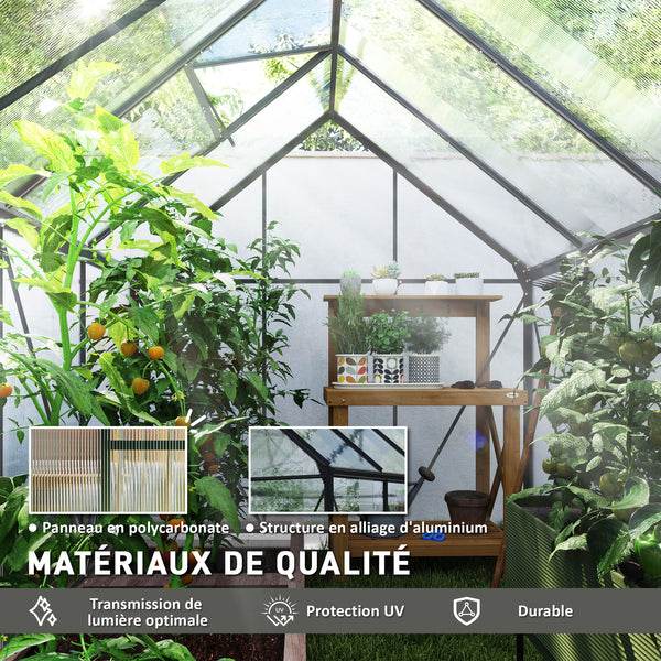 Serre de Jardin 4,8 m² en Aluminium Polycarbonate avec Fondation, 190 x 253 x 199 cm, Serre avec Fenêtre Réglable et Porte Coulissante, Abri Extérieur Résistant aux Intempéries, Gris Foncé