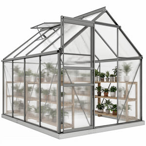 Serre de Jardin 4,8 m² en Aluminium Polycarbonate avec Fondation, 190 x 253 x 199 cm, Serre avec Fenêtre Réglable et Porte Coulissante, Abri Extérieur Résistant aux Intempéries, Gris Foncé