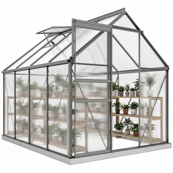 Serre de Jardin 4,8 m² en Aluminium Polycarbonate avec Fondation, 190 x 253 x 199 cm, Serre avec Fenêtre Réglable et Porte Coulissante, Abri Extérieur Résistant aux Intempéries, Gris Foncé