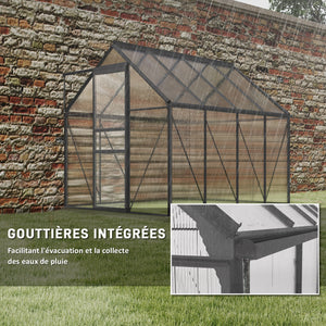 Serre de Jardin 4,8 m² en Aluminium Polycarbonate avec Fondation, 190 x 253 x 199 cm, Serre avec Fenêtre Réglable et Porte Coulissante, Abri Extérieur Résistant aux Intempéries, Gris Foncé