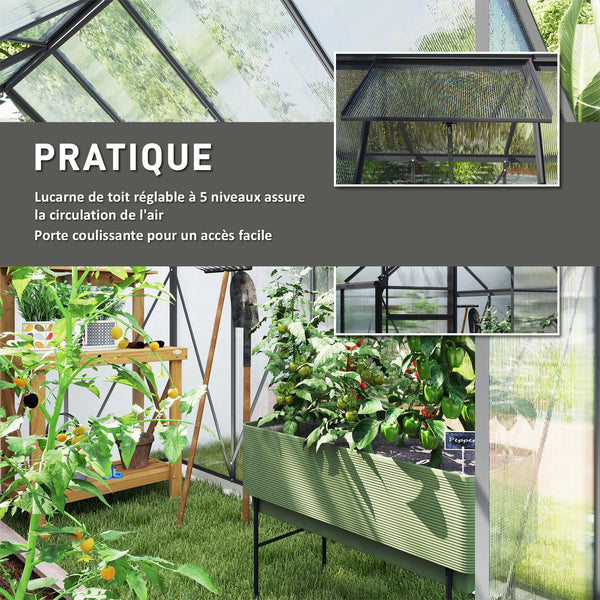 Serre de Jardin 4,8 m² en Aluminium Polycarbonate avec Fondation, 190 x 253 x 199 cm, Serre avec Fenêtre Réglable et Porte Coulissante, Abri Extérieur Résistant aux Intempéries, Gris Foncé
