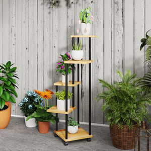 Support à plantes à 5 niveaux pour intérieur et extérieur, étagère plante avec 4 roues, porte plantes en acier et bois pour jardin, terrasse, balcon, salon, bois naturel