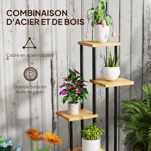 Support à plantes à 5 niveaux pour intérieur et extérieur, étagère plante avec 4 roues, porte plantes en acier et bois pour jardin, terrasse, balcon, salon, bois naturel