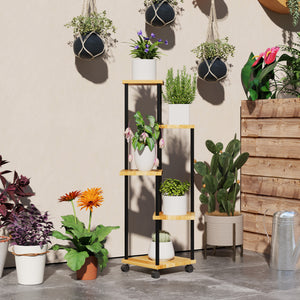 Support à plantes à 5 niveaux pour intérieur et extérieur, étagère plante avec 4 roues, porte plantes en acier et bois pour jardin, terrasse, balcon, salon, bois naturel