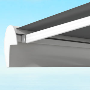 Store banne motorisé, store banne électrique, 4 x 3 m, angle réglable 14°-30°, avec télécommande et manivelle manuelle, en aluminium et polyester de 270g/m² protection solaire, gris clair