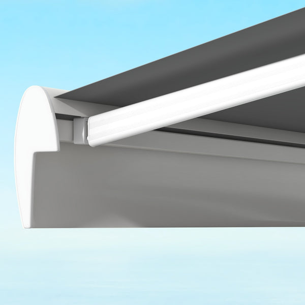 Store banne motorisé, store banne électrique, 4 x 3 m, angle réglable 14°-30°, avec télécommande et manivelle manuelle, en aluminium et polyester de 270g/m² protection solaire, gris clair