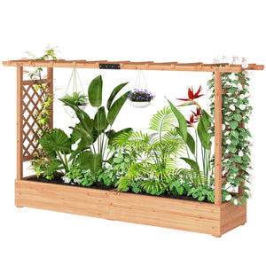Jardinière Surélevée avec treillis Latéral et Supérieur, bac à fleurs, lit surélevé Trous de Drainage, pour plantes grimpantes, légumes, fleurs, extérieur, bois massif, bois naturel