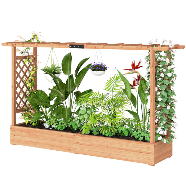 Jardinière Surélevée avec treillis Latéral et Supérieur, bac à fleurs, lit surélevé Trous de Drainage, pour plantes grimpantes, légumes, fleurs, extérieur, bois massif, bois naturel