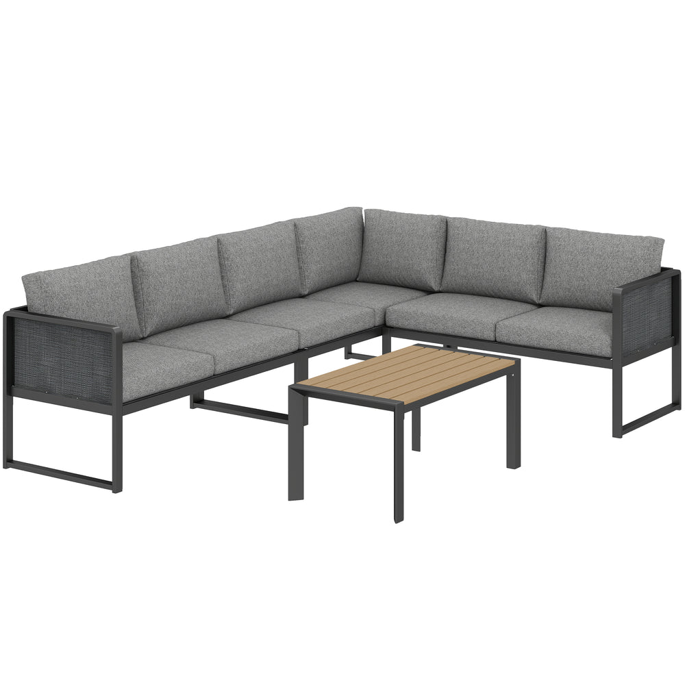 Salon de jardin extérieur d'angle modulable 6 personnes, canapés, table basse à lattes effet bois, coussins, structure en métal et textileline, mobilier de jardin terrasse balcon, gris foncé