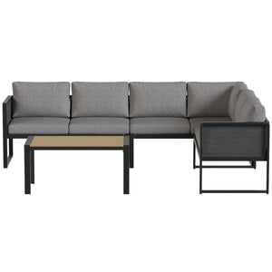 Salon de jardin extérieur d'angle modulable 6 personnes, canapés, table basse à lattes effet bois, coussins, structure en métal et textileline, mobilier de jardin terrasse balcon, gris foncé