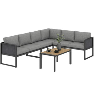 Salon de jardin extérieur d'angle modulable 6 personnes, canapés, table basse à lattes effet bois, coussins, structure en métal et textileline, mobilier de jardin terrasse balcon, gris foncé