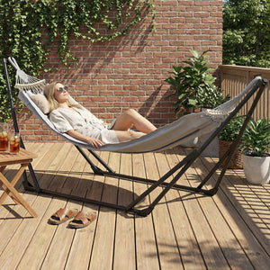 Support avec Hamac Pliable en Acier, Support 2 en 1 pour Hamac ou Chaise Suspendue, Sac de Transport Inclus, 268 x 89 x 100 cm, Gris