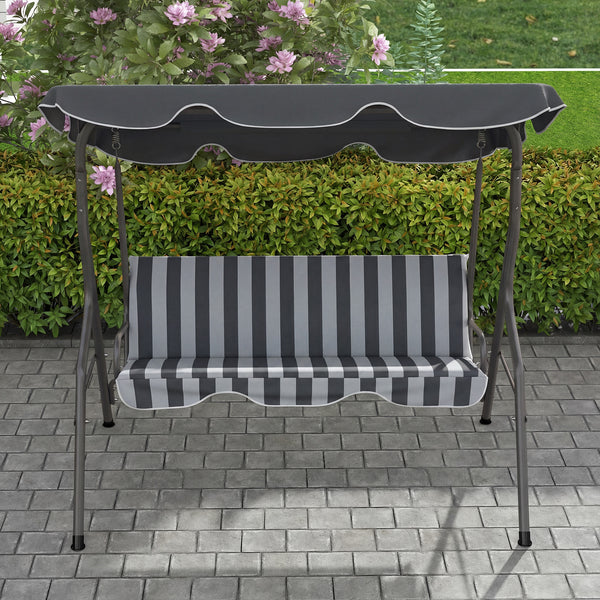 Balancelle de Jardin 3 Places Toit imperméabilisé Inclinaison réglable Coussins Assise Dossier 1,7L x 1,1l x 1,53H m Acier Polyester gris blanc rayé