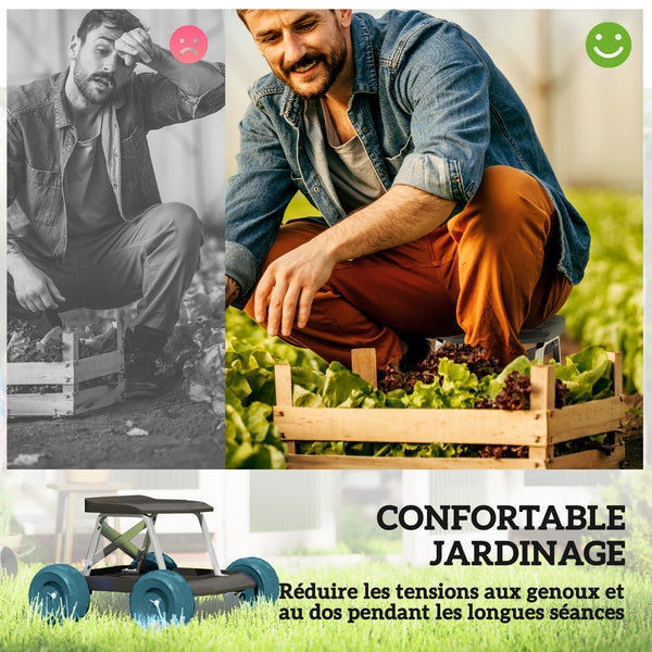 Siège de jardin sur roues tabouret de jardinage plateau à outils chariot jardinage avec siège pour désherber, planter, 50 x 49 x 32 cm vert foncé