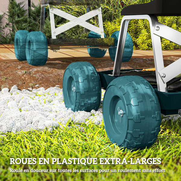 Siège de jardin sur roues tabouret de jardinage plateau à outils chariot jardinage avec siège pour désherber, planter, 50 x 49 x 32 cm vert foncé