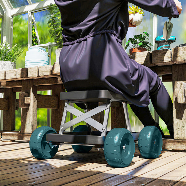 Siège de jardin sur roues tabouret de jardinage plateau à outils chariot jardinage avec siège pour désherber, planter, 50 x 49 x 32 cm vert foncé