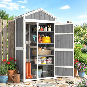 Armoire de Jardin en Bois - Abri de Jardin Extérieur Étanche avec Toit en Métal - Meuble de Rangement Terrasse à Double Porte pour Outils de Jardinage 105x55x179cm, Blanc et Gris