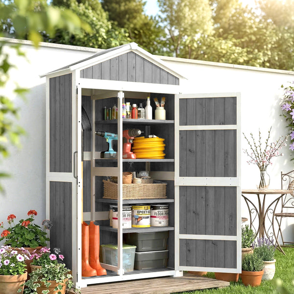 Armoire de Jardin en Bois - Abri de Jardin Extérieur Étanche avec Toit en Métal - Meuble de Rangement Terrasse à Double Porte pour Outils de Jardinage 105x55x179cm, Blanc et Gris
