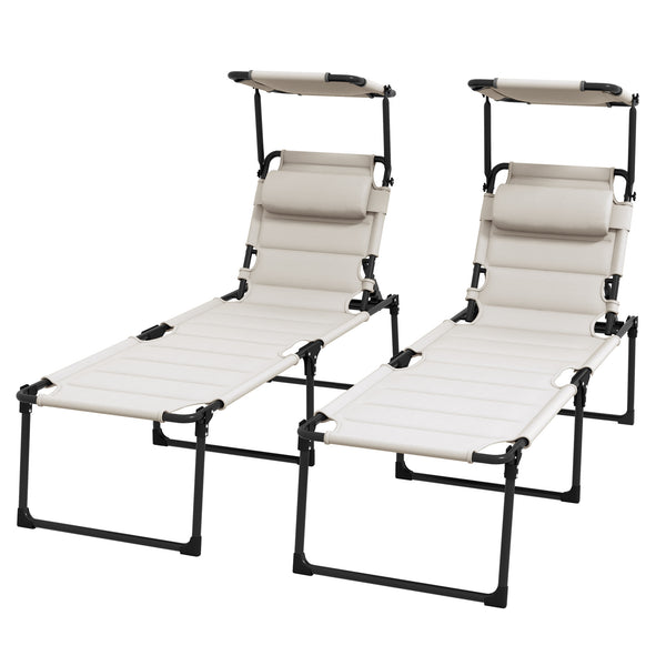 Lot de 2 Bains de soleil transats pliables grand confort dossier pare-soleil réglables multi-positions, crème