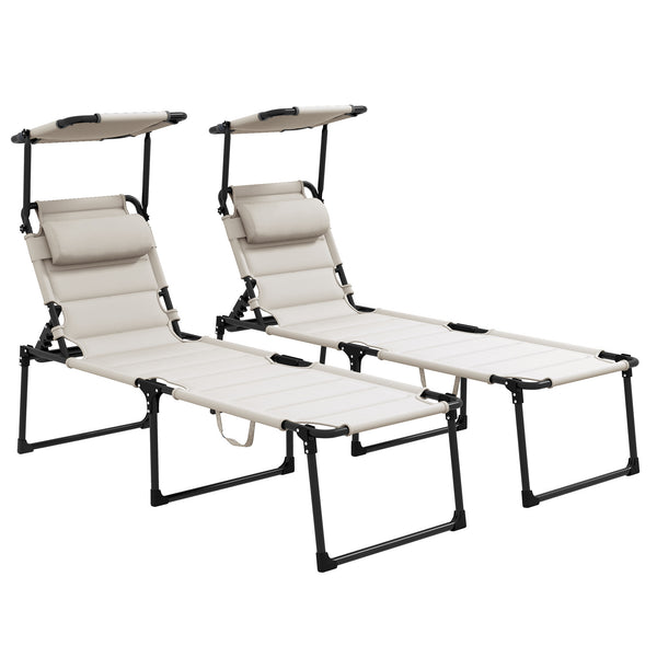 Lot de 2 Bains de soleil transats pliables grand confort dossier pare-soleil réglables multi-positions, crème