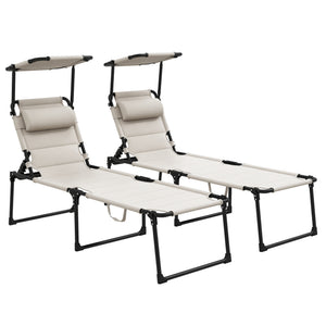 Lot de 2 Bains de soleil transats pliables grand confort dossier pare-soleil réglables multi-positions, crème