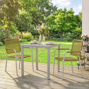 Lot de 2 Chaises de Jardin en Résine Tressée, Chaise de Salle à Manger Empilables avec Accoudoirs et Dossier, Fauteuil de Jardin Exterieur pour Balcon Terrasse Patio, Jaune