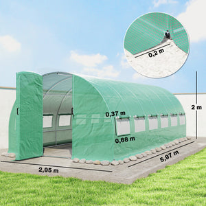Serre tunnel de jardin 18m², serre de jardin tunnel 295x597x200cm avec portes et 12 fenêtres avec moustiquaires, bâche PE haute densité 140 g/m² prolongée de 20 cm, pour extérieur, vert