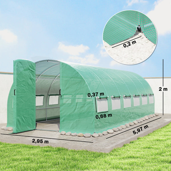 Serre tunnel de jardin 18m², serre de jardin tunnel 295x597x200cm avec portes et 12 fenêtres avec moustiquaires, bâche PE haute densité 140 g/m² prolongée de 20 cm, pour extérieur, vert