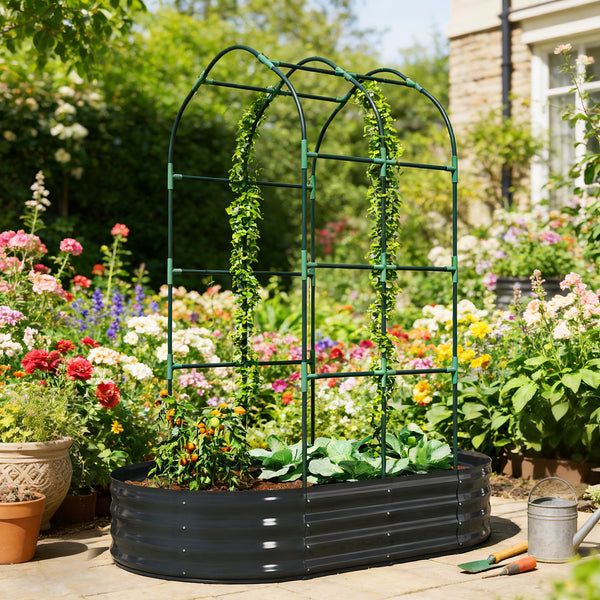 Jardinière avec treillis arqué, bac à fleurs en métal, lit surélevé avec brise-vue, fond ouvert, gants inclus, pour plantes grimpantes, légumes, fleurs, 160x90x180cm, gris foncé