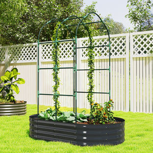 Jardinière avec treillis arqué, bac à fleurs en métal, lit surélevé avec brise-vue, fond ouvert, gants inclus, pour plantes grimpantes, légumes, fleurs, 160x90x180cm, gris foncé