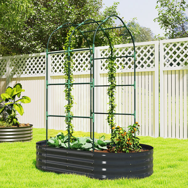 Jardinière avec treillis arqué, bac à fleurs en métal, lit surélevé avec brise-vue, fond ouvert, gants inclus, pour plantes grimpantes, légumes, fleurs, 160x90x180cm, gris foncé