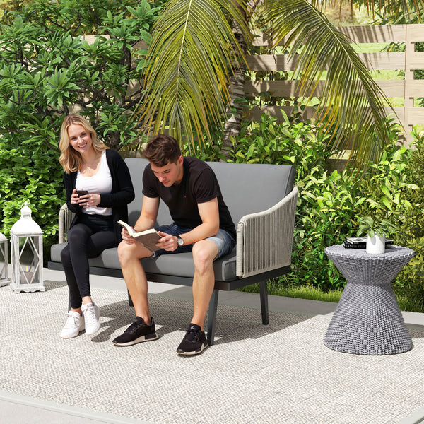 Canapé de jardin 2 places avec coussins en résine tressée, canapé d'extérieur avec accoudoirs, cadre en acier pour jardin, gris foncé